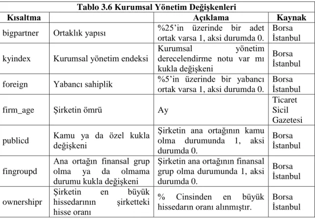 Tablo 3.6 Kurumsal Yönetim Değişkenleri 