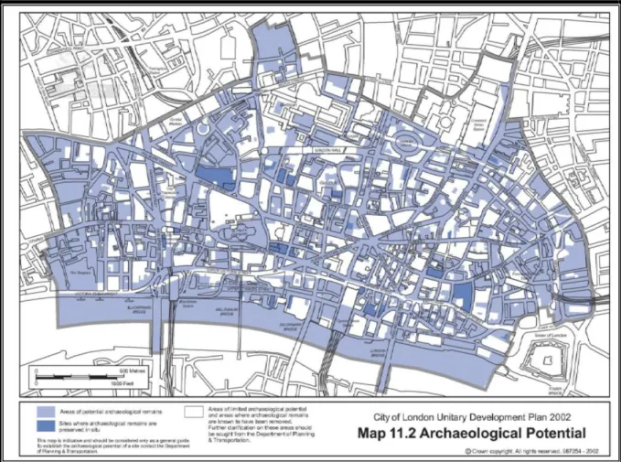 Şekil 3.3 Londra Kent Merkezi, Arkeolojik Potansiyel Alanlar   (Londra Kentsel Gelişim Planı, 2002) 