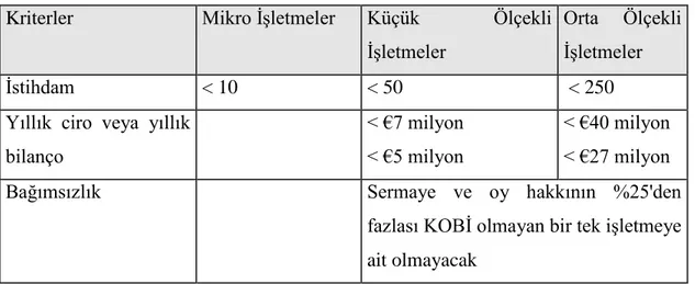 Tablo 11 : Avrupa Birliğinde KOBĠ Tanımı  