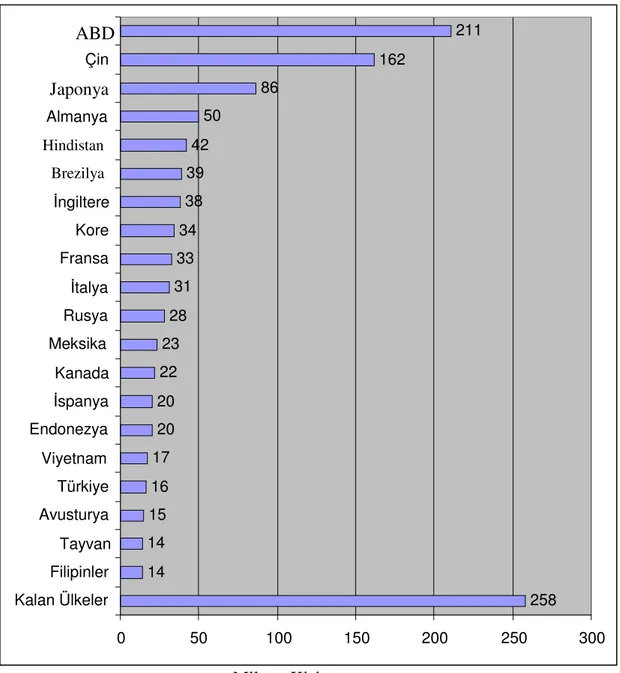 Grafik 1: İnternet Kullanımında İlk 20 Ülke  Kaynak: http://www.internetworldstats.com/top20.htm  258141415161720202223283133343839425086162211050100150200250 300Kalan ÜlkelerFilipinlerTayvanAvusturyaTürkiyeViyetnamEndonezyaİspanyaKanadaMeksikaRusyaİtalyaF