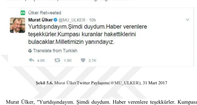 Şekil 5.6. Murat Ülker Twitter Paylaşımı (@MU_ULKER ), 31 Mart 2017