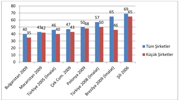 Grafik 2.1: Türkiye ve Bazı Ülkelerde Kredi Kullanan İşletmelerin Oranı (%)  Kaynak:  KOBİ  Çalışma Grubu,  2011-2013  KOBİ  Stratejisi  ve Eylem  Planı,  Ankara, 2011, s.37