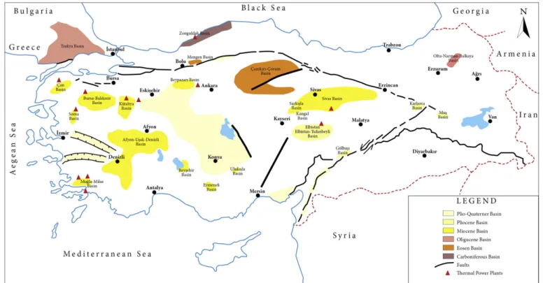 Fig. 1. Coal basins of Turkey. Compiled from the Map of “Tertiary Coal Basins of Turkey” prepared by MTA 2