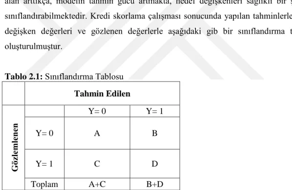 Tablo 2.1: Sınıflandırma Tablosu  