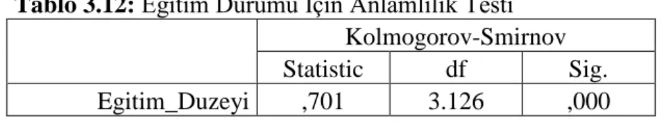 Tablo 3.12: Eğitim Durumu İçin Anlamlılık Testi 