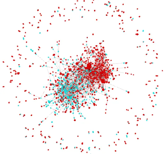 Figure 4.1: The overall view of whole network showing visitors as red nodes, and physicians as turquoise nodes with  Force Atlas 2 layout in Gephi 