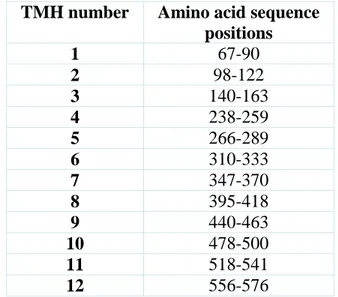 Table 3.4. Start and end points of TMHs detected in the experimental studies of  human dopamine transporter (DAT)