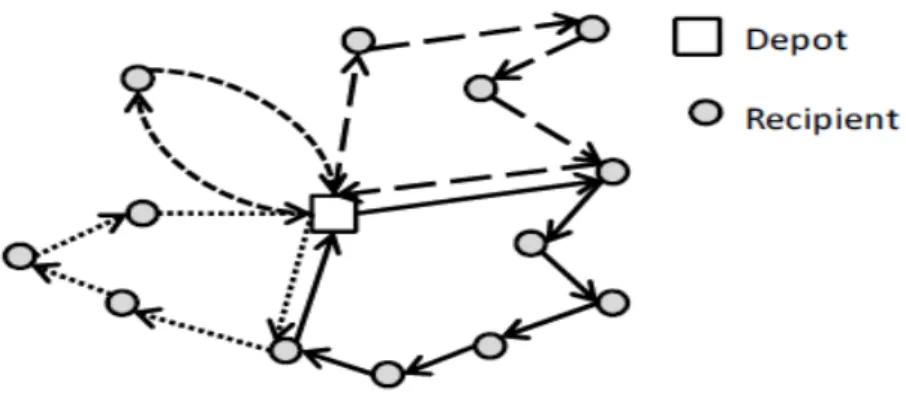 Figure 2.2 below shows multiple solutions (different roads) produced by using SDVRP  in last mile delivery problem: 