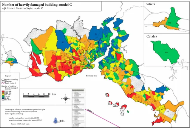 Figure 2: Number of heavily damaged buildings in model C [1].