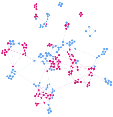 Fig. 4.2 Graph of the SFN. Colors represent gender, size indicates GPA