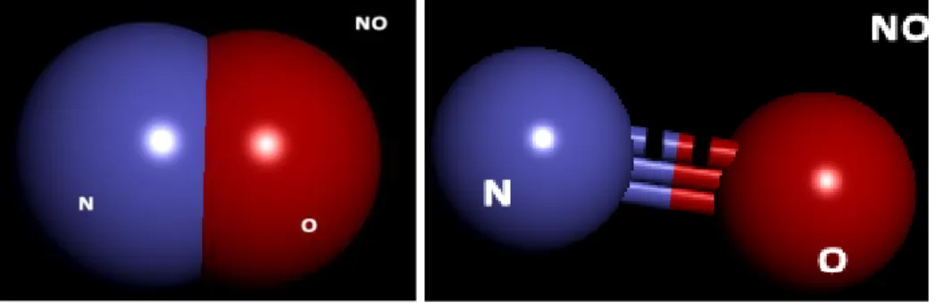 Figure 1: Nitric Oxide displayed in "CPK" and "Ball &amp; Stick" modes 