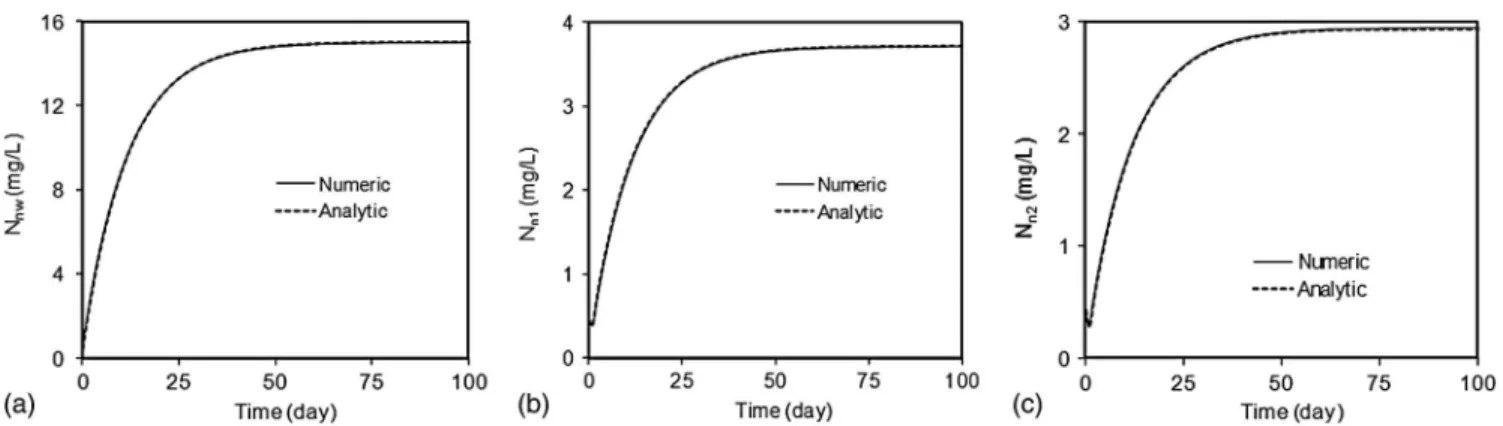 Fig. 5. Comparison of analytical and numerical simulations for nitrate in (a) water column (N nw ); (b) aerobic soil layer (N n1 ); (c) anaerobic soil