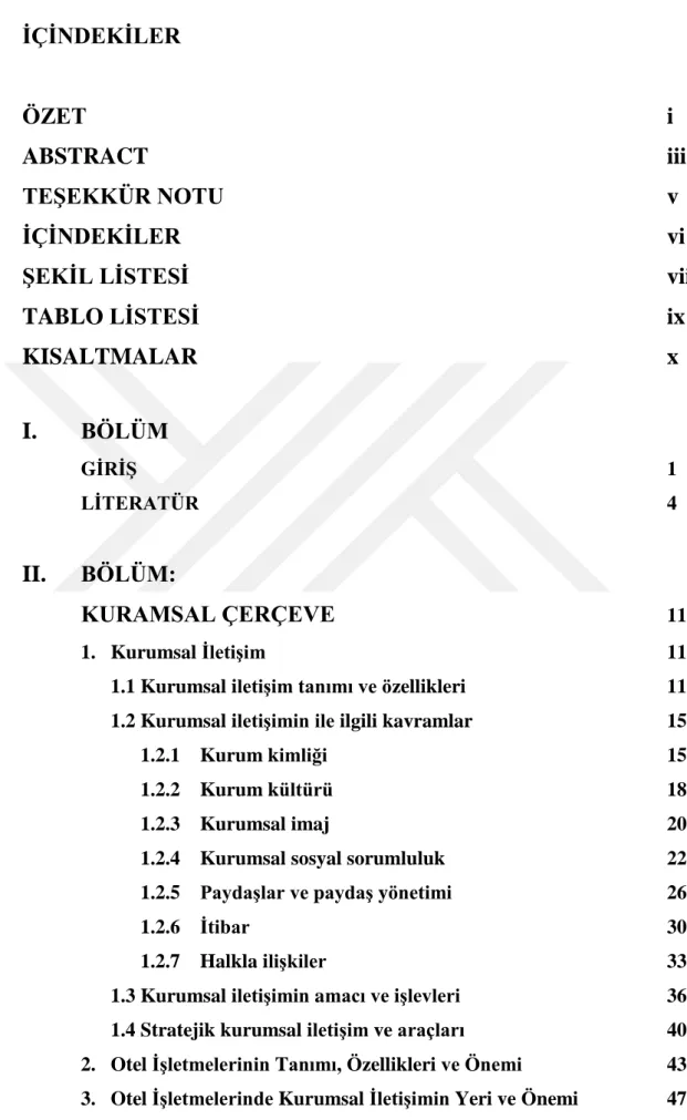 TABLO LİSTESİ  ix  KISALTMALAR   x  I.  BÖLÜM  GİRİŞ   1  LİTERATÜR  4  II.  BÖLÜM:   KURAMSAL ÇERÇEVE  11 1