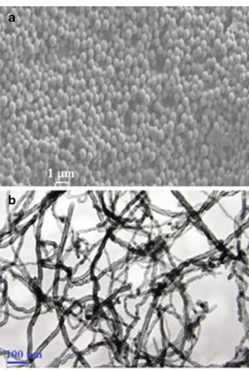 Fig. 1 a SEM picture of pure PS latex. b TEM picture of MWNT