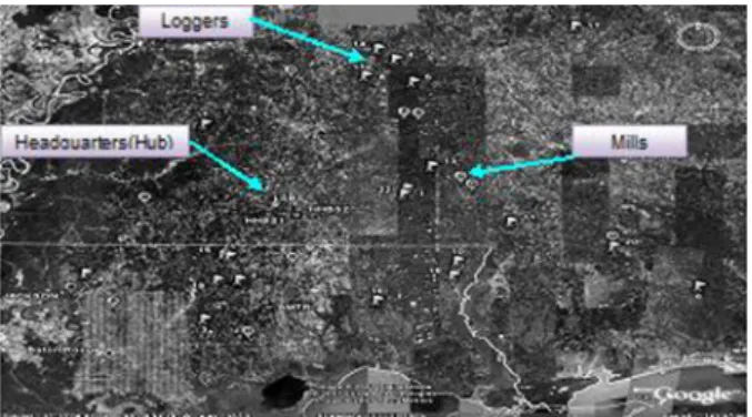 Fig. 1. The distribution of loggers, mills and the headquarter.