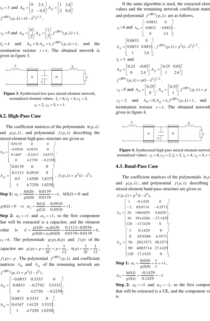 Figure 3. Synthesized low-pass mixed-element network,  normalized element values:  l 1  6 , l 2  4 , c 1  3 ,