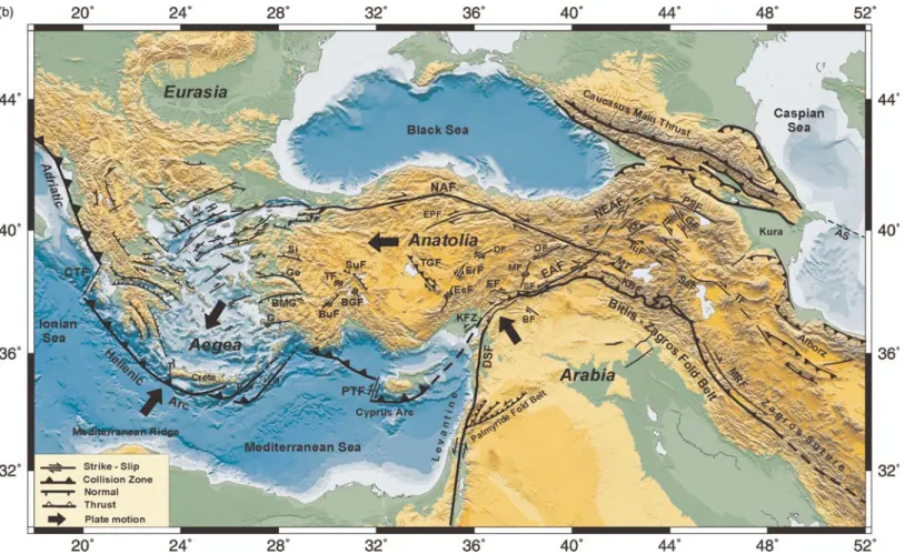 Fig. 1. (a) Seismicity of the Eastern Mediterranean region and surroundings reported by USGS – NEIC during 1973 – 2007 with magnitudes for M 