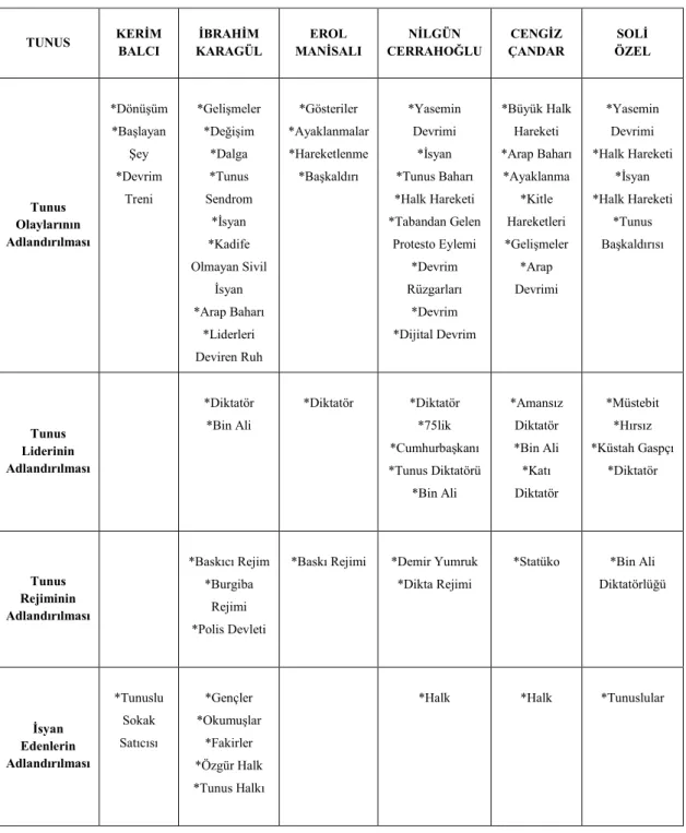 TABLO 3.4: Tunus Adlandırma Tablosu 