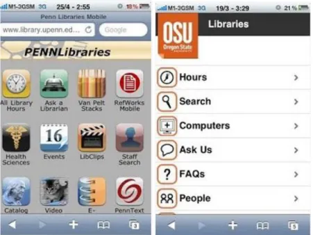Şekil 3.4: Üniversite  kütüphanesi  mobile  web sitesine  örnekler;  ikon  stili  ve liste  stili  görünüm   (Tay  2014)