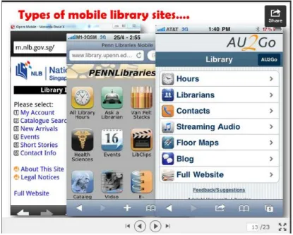 Şekil  3.6:  Farklı  düzenlerde  mobil  kütüphane  sayfaları;  simge,  liste,  basit  liste  görünümleri  (Travis  2012)
