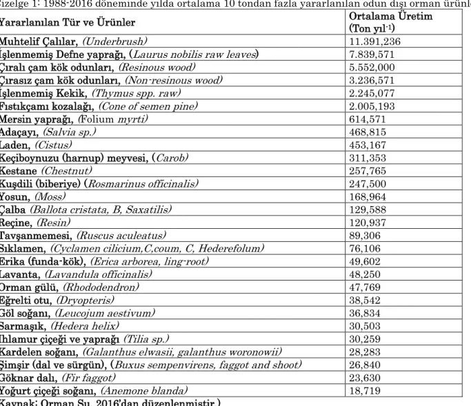 Çizelge 1: 1988-2016 döneminde yılda ortalama 10 tondan fazla yararlanılan odun dışı orman ürünleri   Yararlanılan Tür ve Ürünler  Ortalama Üretim   (Ton yıl -1 ) 