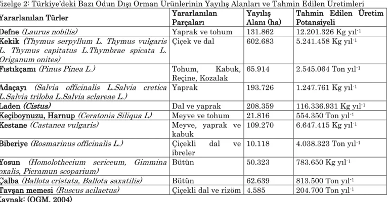 Çizelge 2: Türkiye’deki Bazı Odun Dışı Orman Ürünlerinin Yayılış Alanları ve Tahmin Edilen Üretimleri  Yararlanılan Türler  Yararlanılan  Parçaları  Yayılış  Alanı (ha)  Tahmin  Edilen  Üretim Potansiyeli  Defne  (Laurus nobilis) Yaprak ve tohum  131.862  