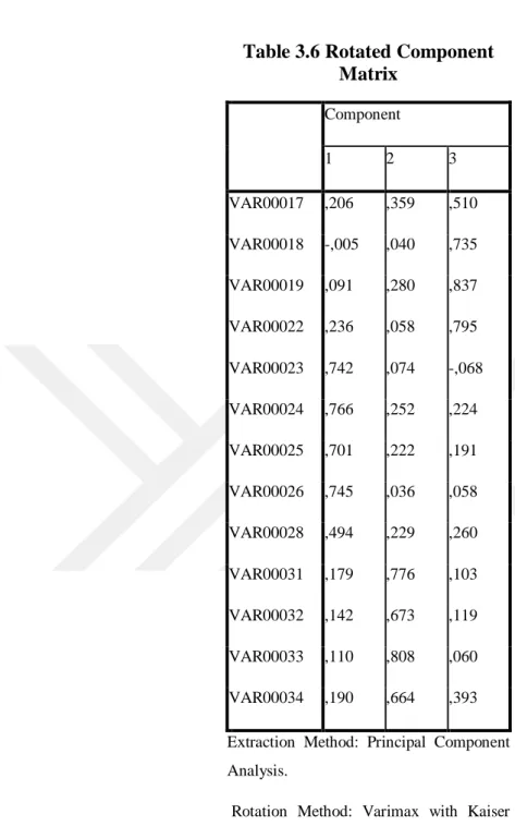 Table 3.6 Rotated Component  Matrix  Component  1  2  3  VAR00017  ,206  ,359  ,510  VAR00018  -,005  ,040  ,735  VAR00019  ,091  ,280  ,837  VAR00022  ,236  ,058  ,795  VAR00023  ,742  ,074  -,068  VAR00024  ,766  ,252  ,224  VAR00025  ,701  ,222  ,191  V