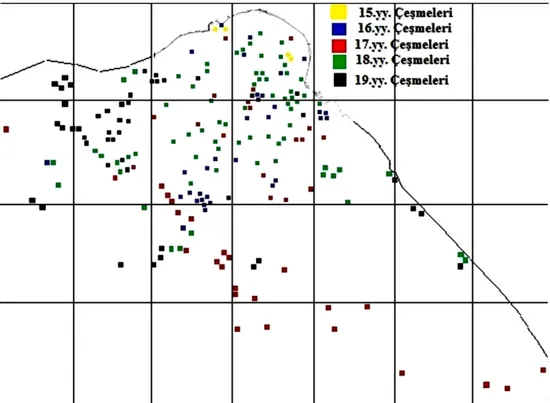 Şekil 2. 17 Üsküdar’da İnşa Edilen Çeşme, Kuyu, Su Haznesi, Su Terazisi Vb. Yapıların Dönemlere  Göre Dağılımı Gösterilmektedir (Haritalar Haskan (2001), Çeçener (2007) Konyalı (1976) ve 