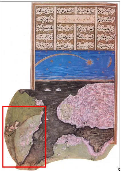 Şekil 2. 21 1577 Senesinde İstanbul Semalarında İzlenen Kuyruklu Yıldız ve İstanbul Planı ve  Üsküdar Detayı