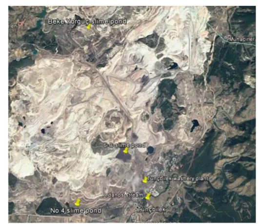 Figure 1. Location of the ponds No. 4, Beke-Yorguc and 6/C panel and Tuncbilek Coal Processing  Plant