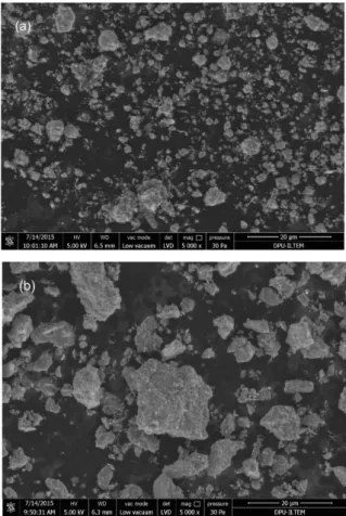 Figure  1.  SEM  images  at  5000X  of  SW  and  SG  powders after milling process a) white sepiolite (SW)  and b) gray sepiolite (SG)