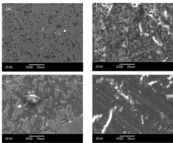 Figure  4.  SEM  images  at  X500  of  PVC/SW  composites  and  PVC/SG  composites;  a)  5  wt.%  PVC/SW, b) 10 wt.% PVC/SW, c) 5 wt.% PVC/SG, d)  10 wt.% PVC/SG