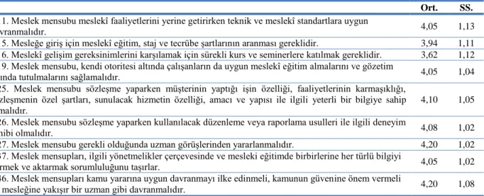 Tablo 11. Mesleki Yeterlilik Ve Özen Ortalama ve Standart Sapmaları 