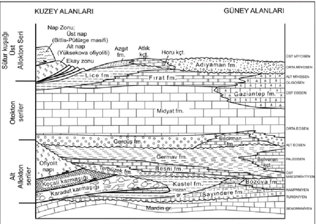 Şekil 3.3. GD Anadolu’daki Arap Plakasının genelleştirilmiş tektono-stratigrafi kesiti (Şengör ve  Yılmaz, 1983)