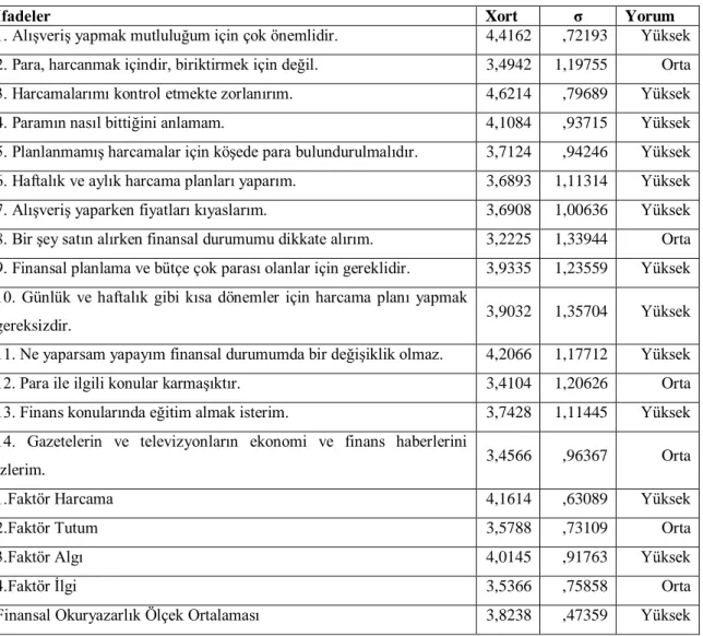 Tablo 3. Finansal Okuryazarlık Düzeyi Değerlendirmeleri 