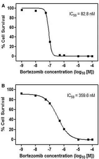 Fig. 1 The IC 50 values of bortezomib in a parental PC3 and b resistant PC3 cells. The cells were treated with the indicated concentrations of bortezomib in ‘‘ Materials and methods ’’ section