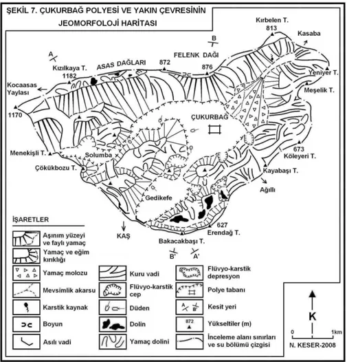 Şekil 7. Çukurbağ Polyesi ve yakın çevresinin jeomorfoloji haritası. Figure 7. Geomorphological map of Çukurbağ Polje and its surrounding.