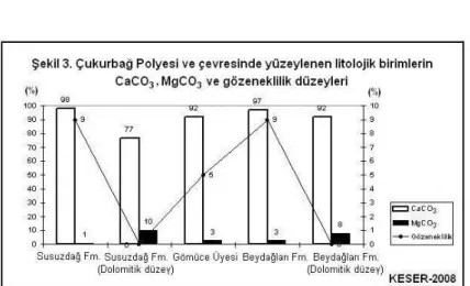 Şekil 3. Çukurbağ Polyesi ve çevresinde yüzeylenen litolojik birimlerin CaCO 3 ,MgCO 3 ve gözeneklilik düzeyleri.