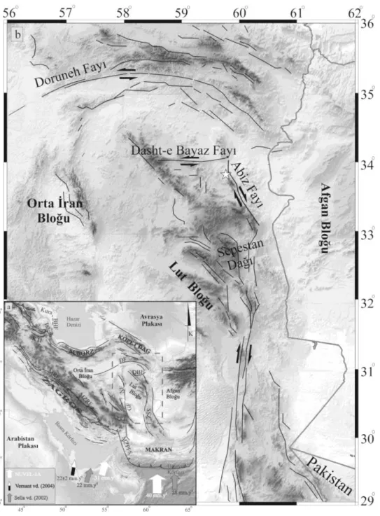 Şekil 1.  a) İran’ın basitleştirilmiş tektonik haritası. Büyük oklar NUVEL-1A, Vernant vd