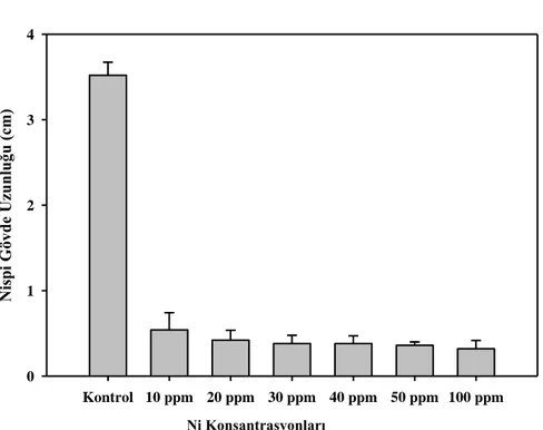 Şekil  4.2.  Farklı  Ni  konsantrasyonlarında  yetiştirilen  E.  hirsutum  fidelerinin  ortalama  nispi  gövde uzunlukları (F=92: p&lt;0,05; N=6)