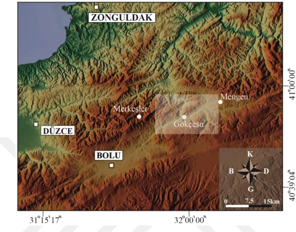 Şekil 2.3. Bolu-Mengen havzası’nda çalışılan lokasyonları belirten harita (Çalışma alanının yeri  için Şekil 2.1’e bakınız) (https://maps-for-free.com)