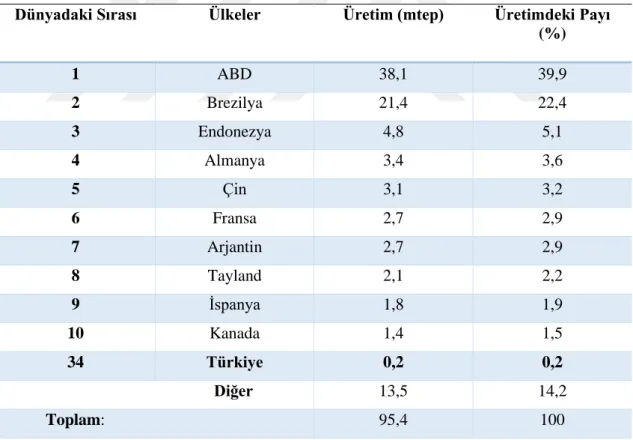 Çizelge 2.8. Biyoyakıt üretiminde dünyanın ilk 10 ülkesi (BP, 2019). 