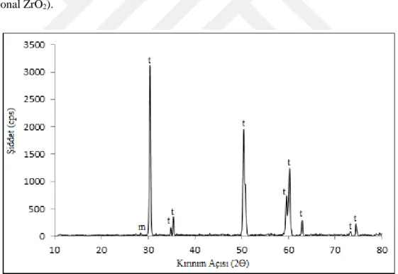 Şekil  9.24. T1  kodlu  ticari  renklendirme  solüsyonu  ile  renklendirilen  S  kodlu  pelete ait XRD  deseni (m: monoklinik ZrO2, t: tetragonal ZrO2)