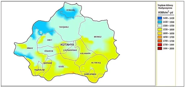 Şekil 2. Kütahya ili güneş enerjisi potansiyeli haritası 