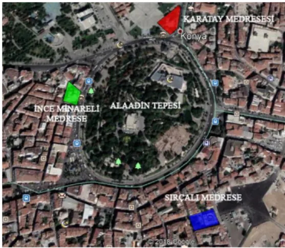 Şekil 1. Çalışma alanı ve seçilen medreseler (URL 1) 