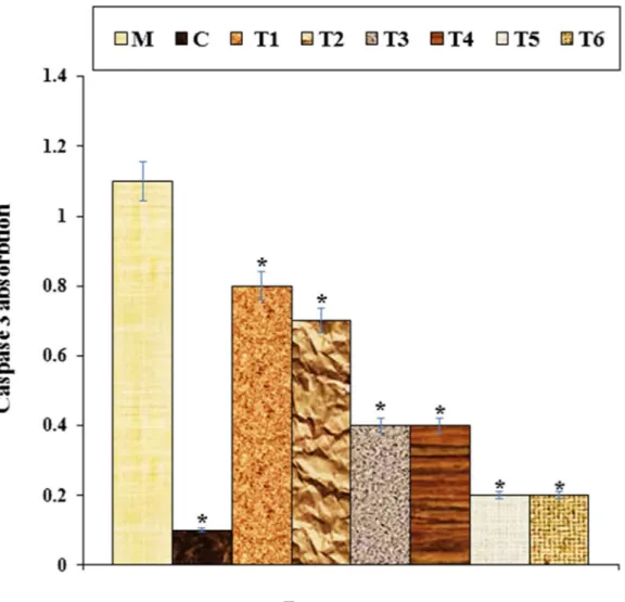 Figure 8.  The caspase 3 absorption in different treatments after 48 h. M: Methadone, C: Control, T1: 100 μM 