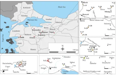 Figure 1. Site location map of the study area, sample locations, and the distribution of  40 K samples