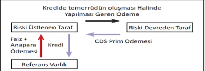 Şekil  1’de  görüldüğü  üzere  CDS  sözleşmeleri  riskin  veya  iflasın  oluşmadığı  durumlarda  yatırımcının  sigortalayan  tarafa  dönemsel  periyotlarla risk primi ödediği, riskin yada iflasın gerçekleştiği durumlarda ise riski üstlenen sigortacının bor