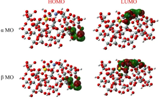 Figure 10.  The HOMO/LUMO distributions of α and β MOs for the optimized AuNi@SiO 2  cluster.