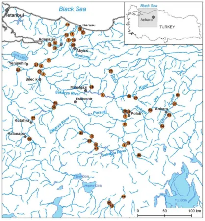 Figure 1. Location of the sampling stations (1–46) in the Sakarya River basin.  2.2. Field and Laboratory Studies 